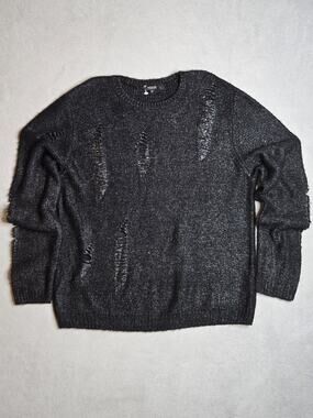 GUESS Los Angeles Men's Distressed Knit Sweater Black Silver Metallic Size L